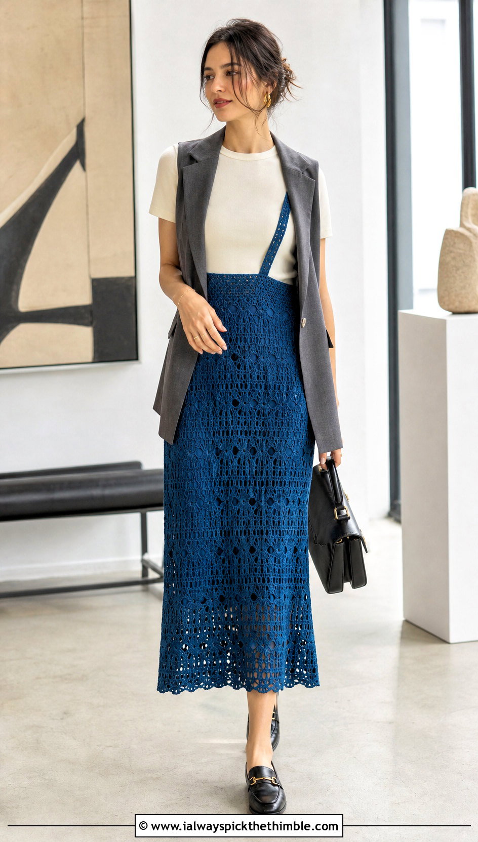 Lace Stitch Crochet Suspender Skirt With Tailored Vest - 20 crochet suspender skirt outfit ideas
