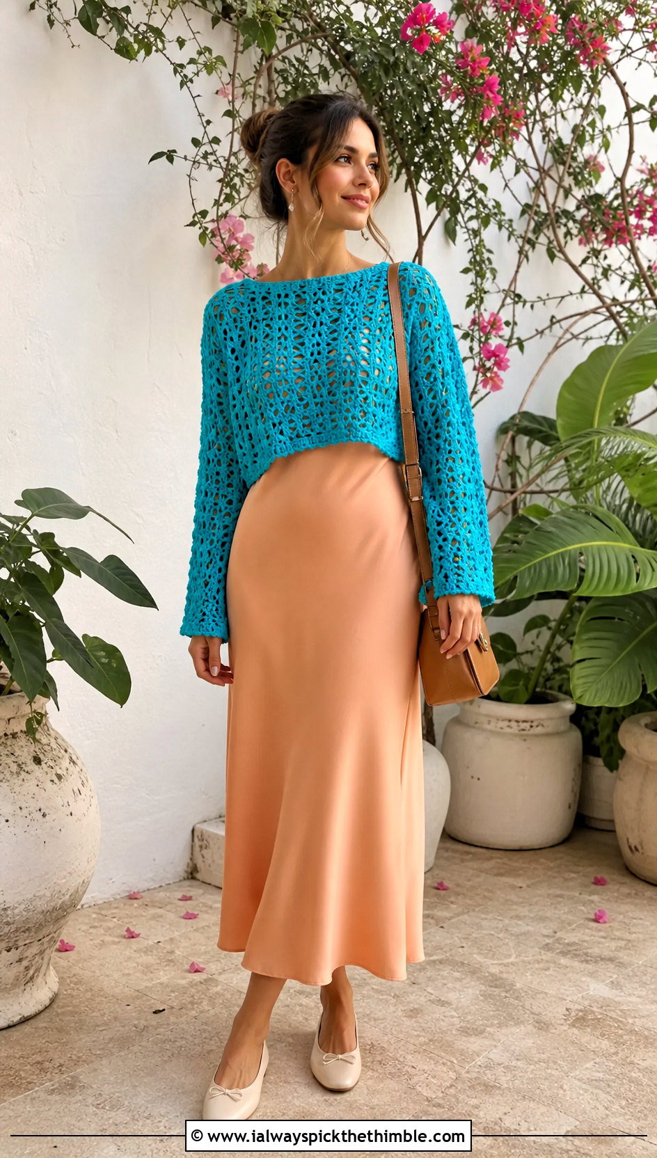 Lace Stitch Crochet Sweater Over A Slip Dress - 20 Crochet Quick Sweater outfit ideas