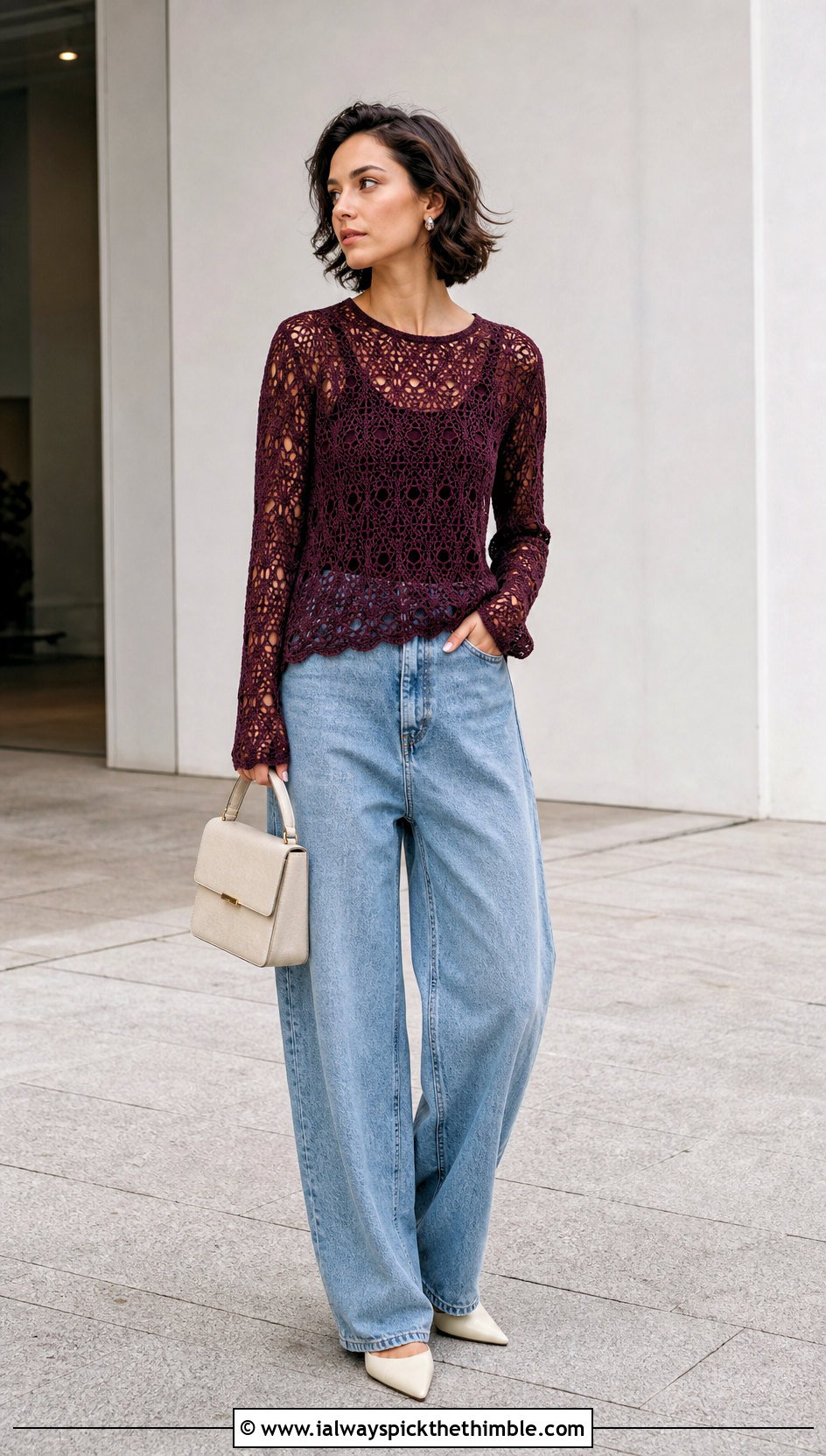 Lace Stitch Crochet Sweater With Barrel Jeans - 25 summer crochet sweater outfit ideas