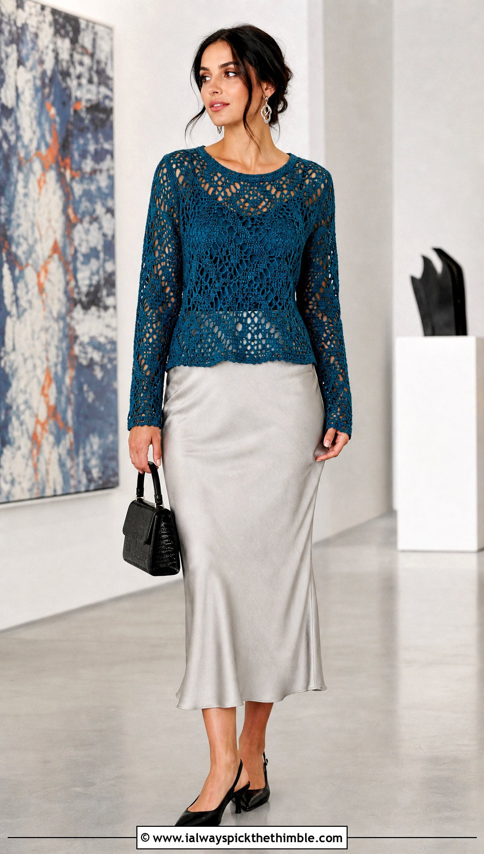 Lace Stitch Crochet Sweater With Satin Midi Skirt - 25 crochet sweater ideas