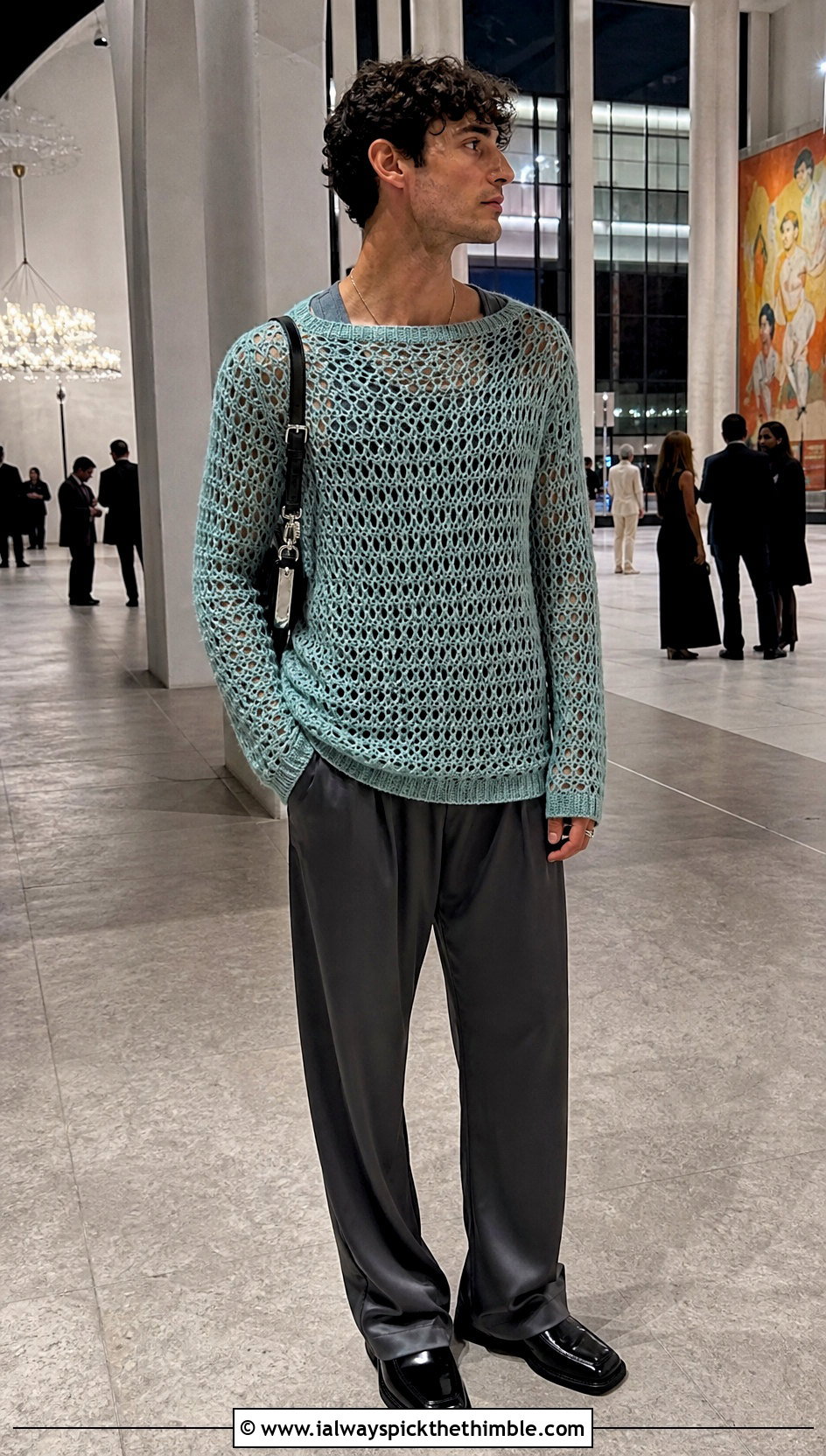 Lace Stitch Crochet Sweater With Satin Trousers - 25 men crochet sweater outfit ideas