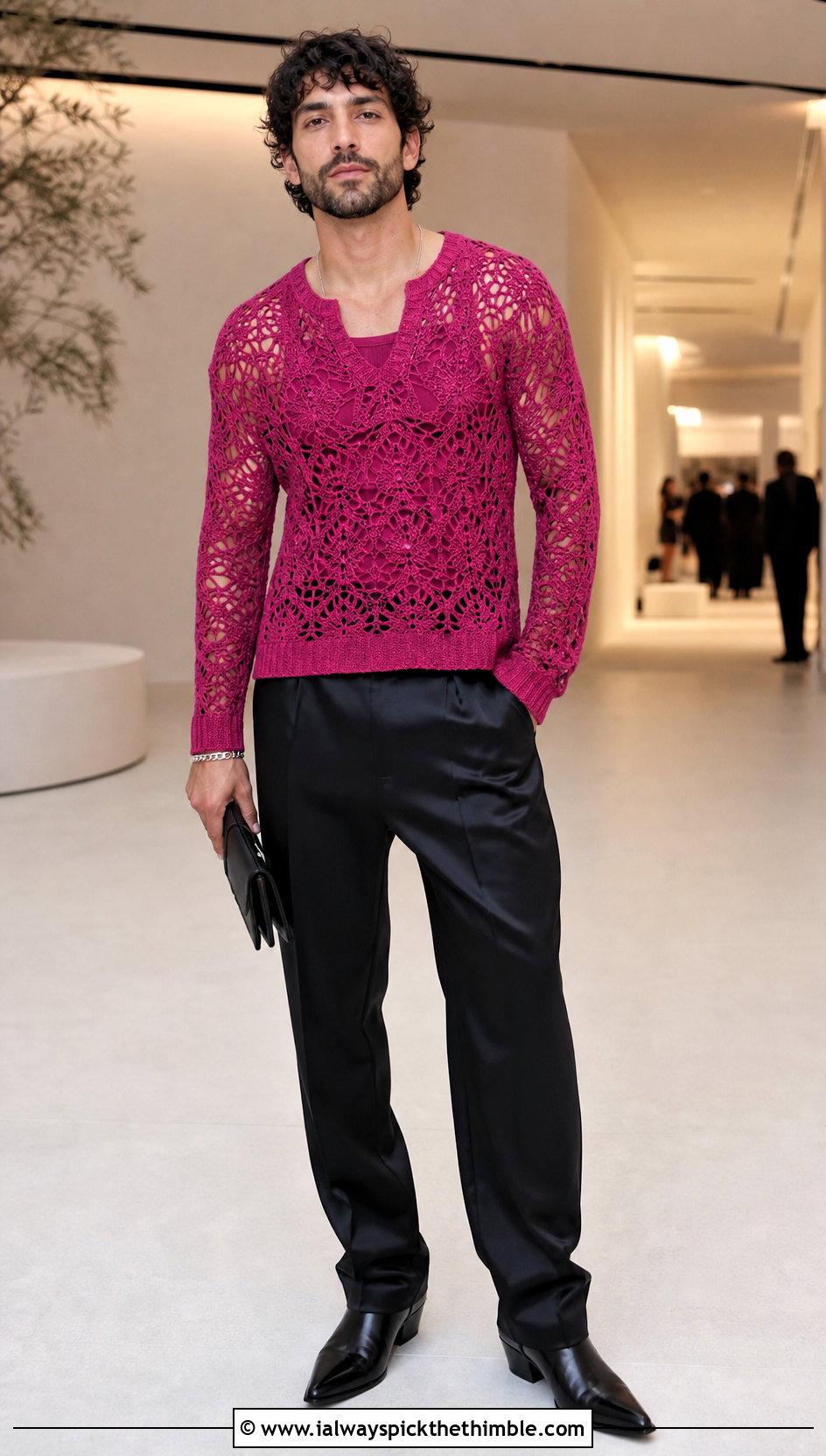 Lace Stitch Crochet Sweater With Satin Trousers - 25 men's crochet sweater ideas