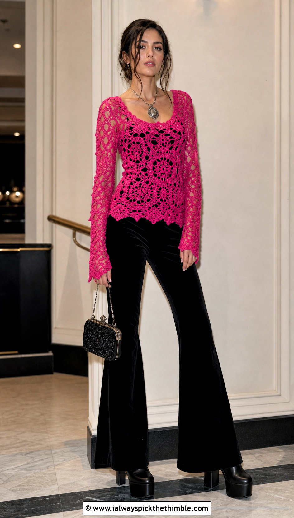 Lace Stitch Crochet Sweater With Velvet Pants - 20 goth crochet sweater outfit ideas