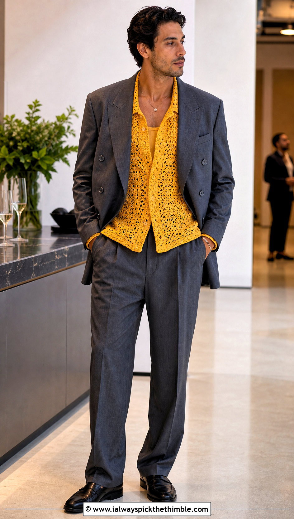 Lace Stitch Crochet Top With Double Breasted Suit - 25 Mens Crochet Top outfit ideas