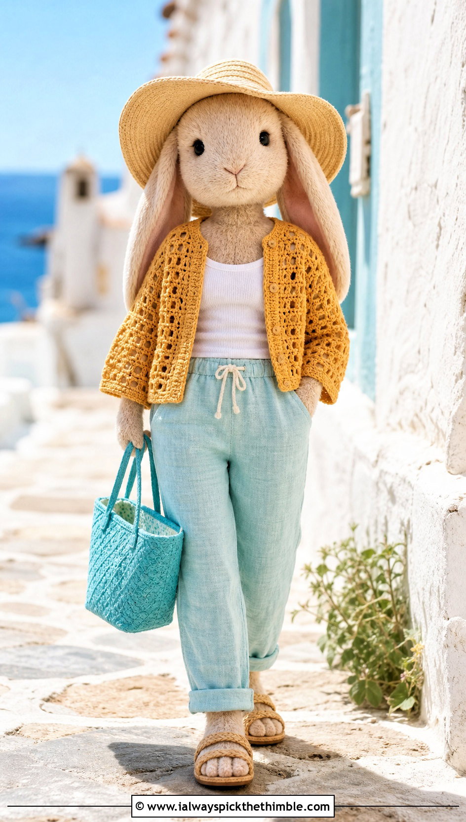 Lace Stitch Crochet Toy Sweater With Linen Pants - 20 Crochet Sweater For Toy outfit ideas