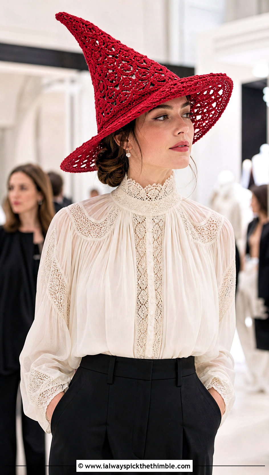Lace Stitch Crochet Witch Hat With Blouse And Trousers - 25 crochet witch hat outfit ideas