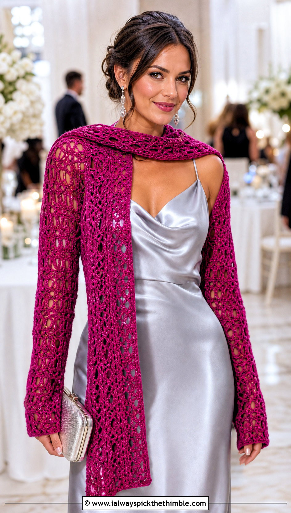 Lace Stitch Crocheted Sweater Scarf With Sleeves And Satin Dress - 15 Crocheted Sweater Scarf With Sleeves outfit ideas
