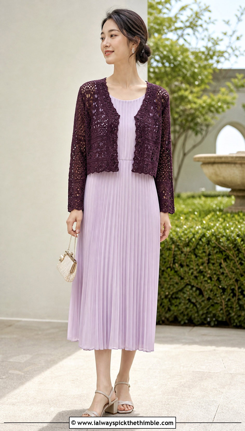 Lace Stitch Cropped Cardigan With Pleated Midi Dress - 20 Easy Crochet Cropped Cardigan outfit ideas