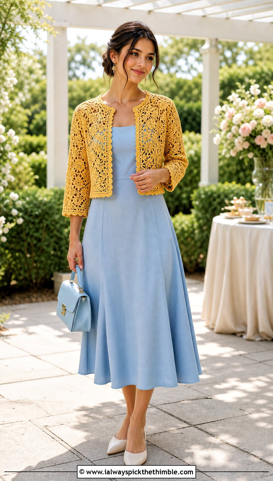 Lace Stitch Cropped Crochet Cardigan With A Line Dress - 25 cropped crochet cardigan outfit ideas