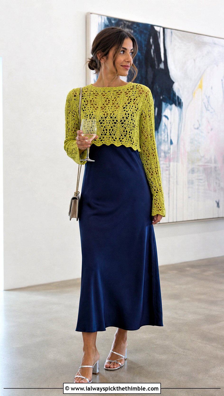 Lace Stitch Cropped Crochet Sweater Over Slip Dress - 25 cropped crochet sweater outfit ideas