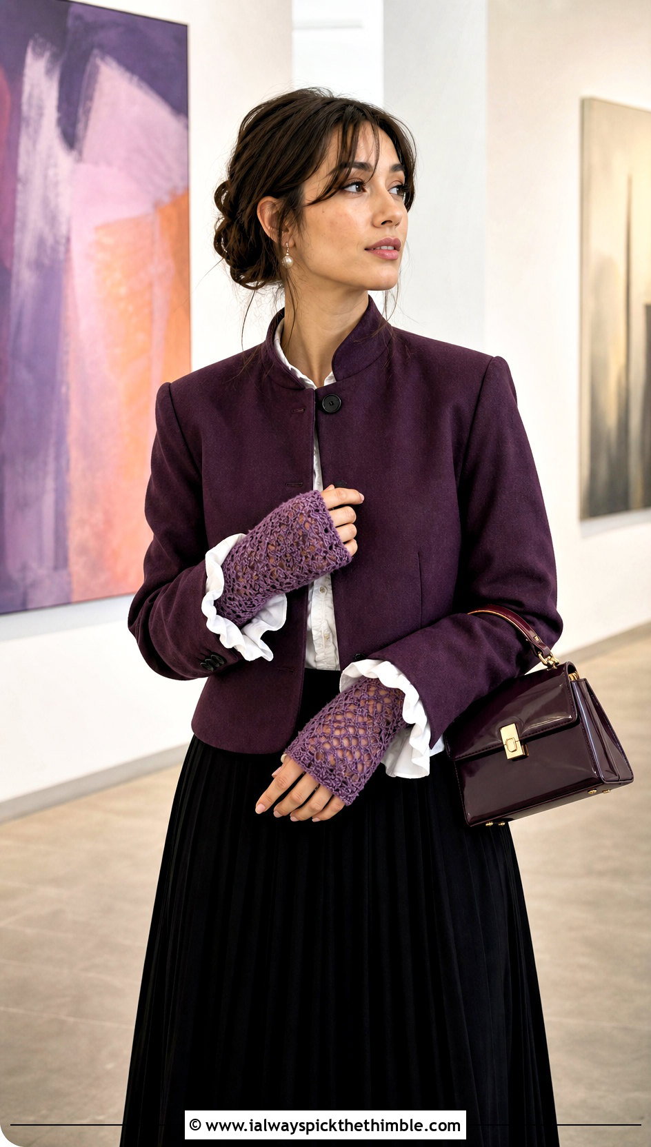 Lace Stitch Fingerless Crochet Mittens With Maxi Skirt - 20 Simple Crochet Mittens outfit ideas