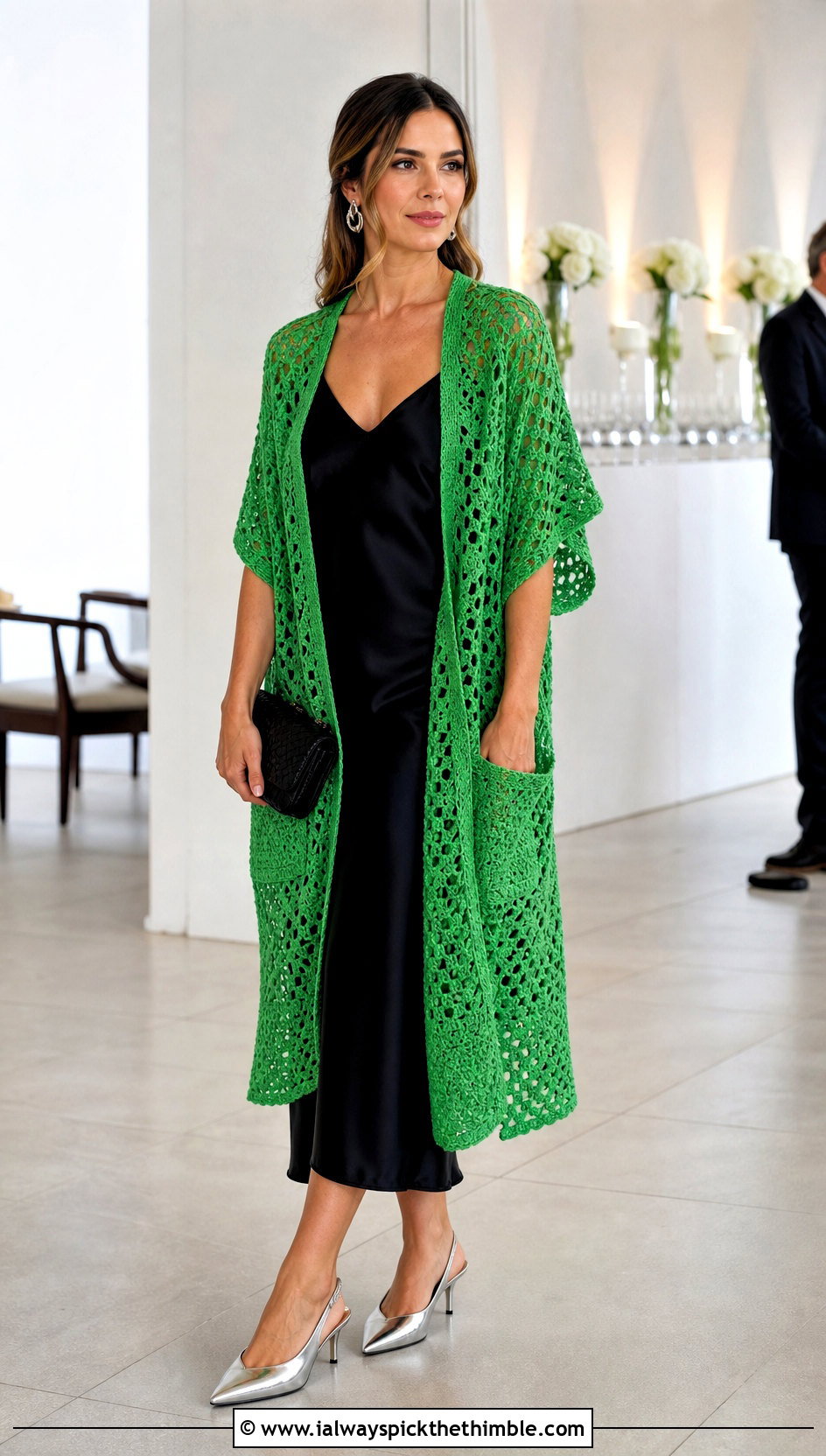 Lace Stitch Granny Square Pocket Shawl With Slip Dress - 20 Granny Square Pocket Shawl outfit ideas