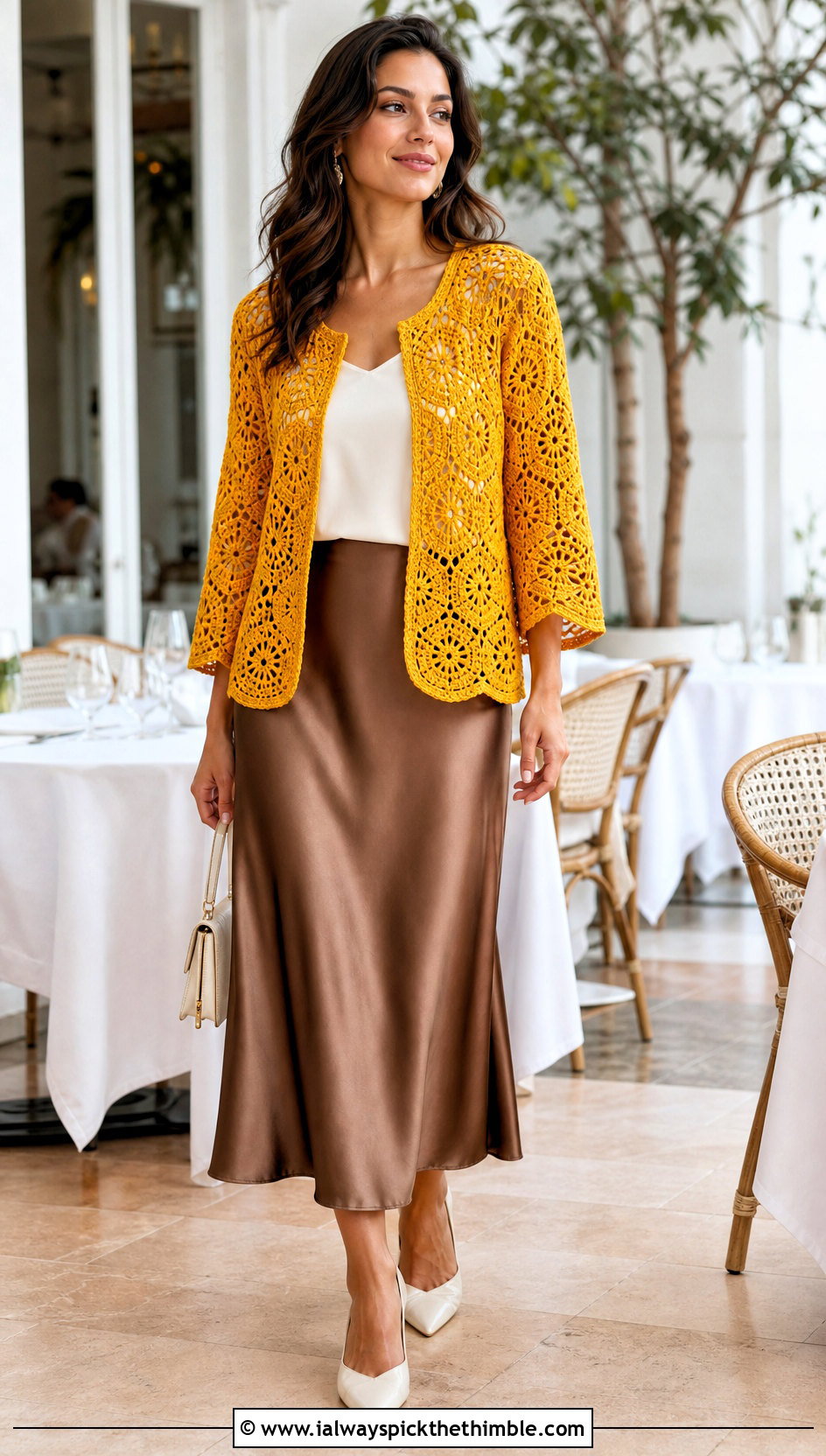 Lace Stitch Hexagon Crochet Cardigan With Satin Skirt - 25 hexagon crochet cardigan outfit ideas