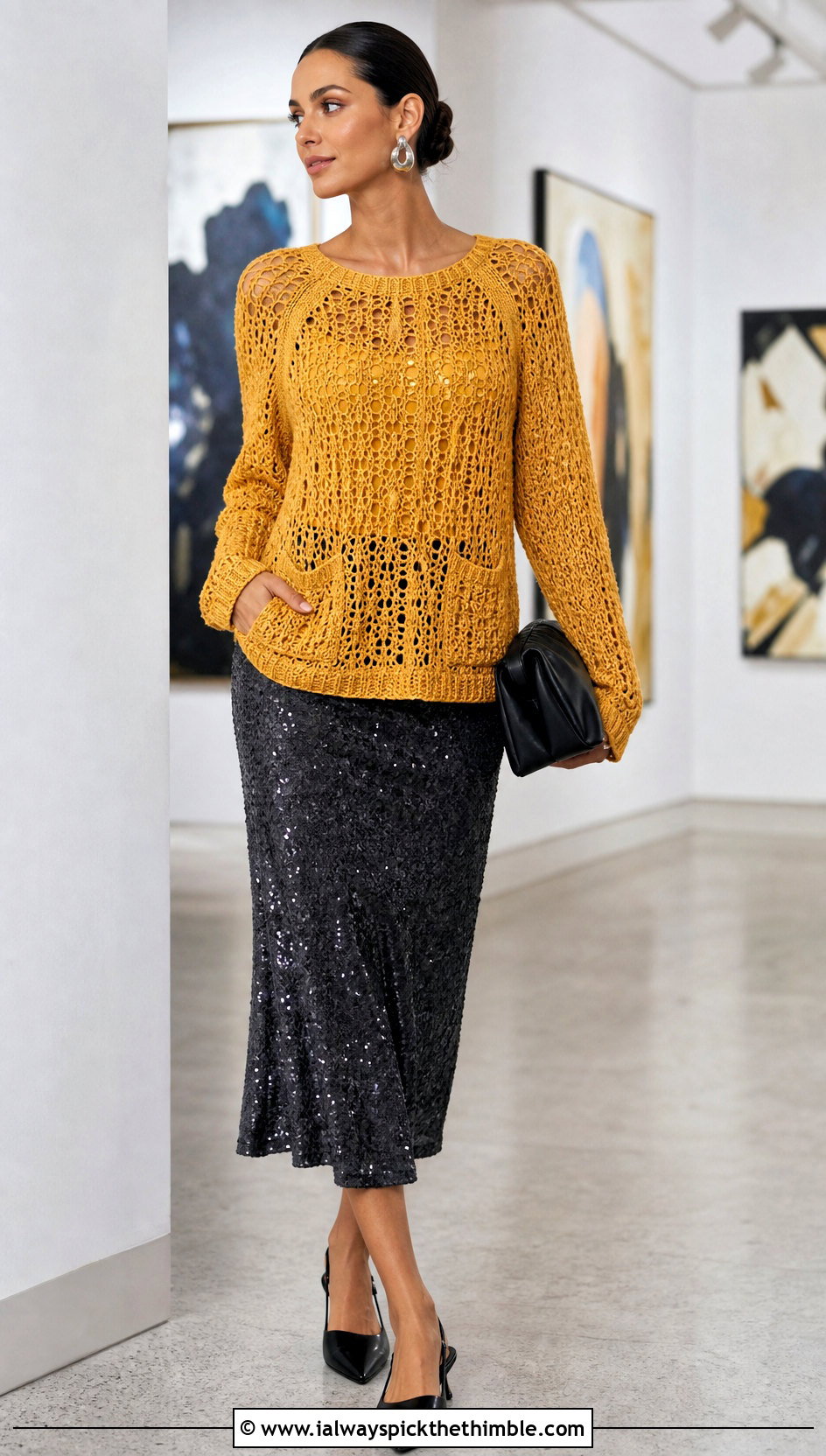 Lace Stitch Inset Pocket Raglan Crochet Sweater With Sequin Skirt - 15 pocket raglan crochet sweater outfit ideas