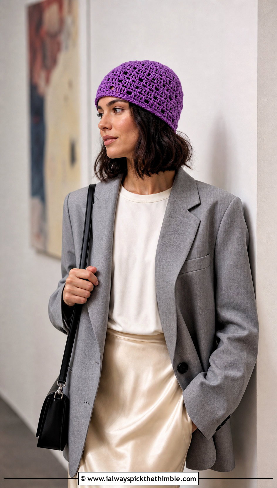 Lace Stitch Lightweight Crochet Beanie With Blazer And Satin Skirt - 15 Lightweight Crochet Beanie outfit ideas