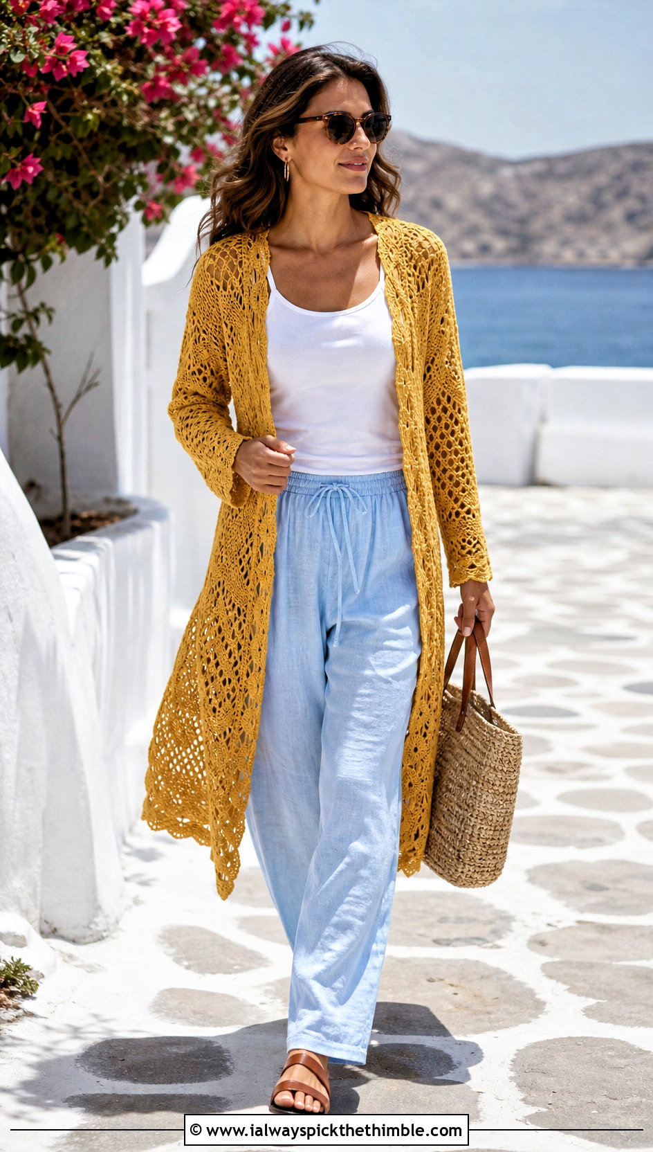 Lace Stitch Longline Crochet Sweater With Linen Pants - 15 Crochet Projects Sweaters outfit ideas