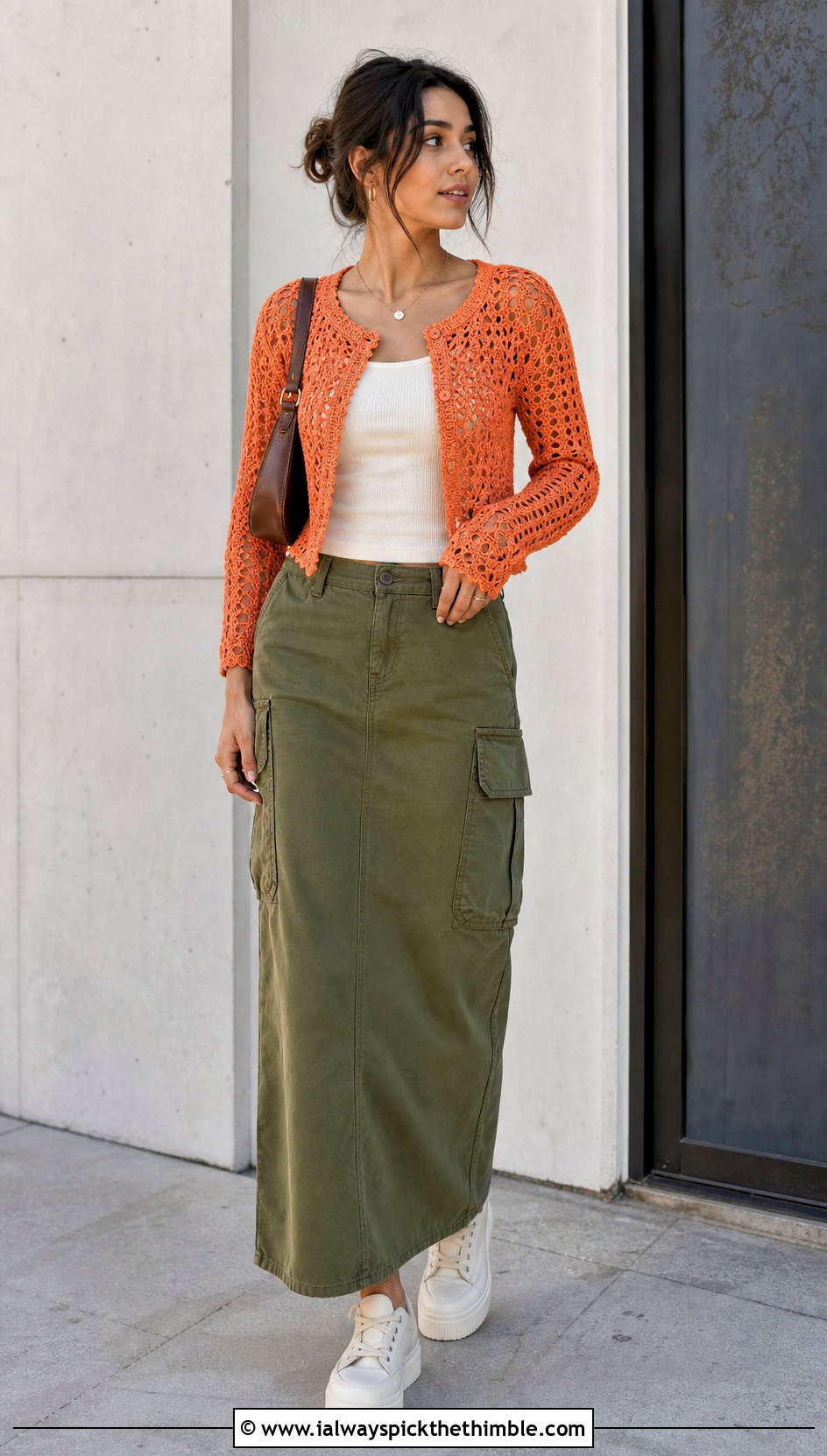 Lace Stitch Mini Crochet Cardigan With Cargo Maxi Skirt - 25 mini crochet cardigan outfit ideas