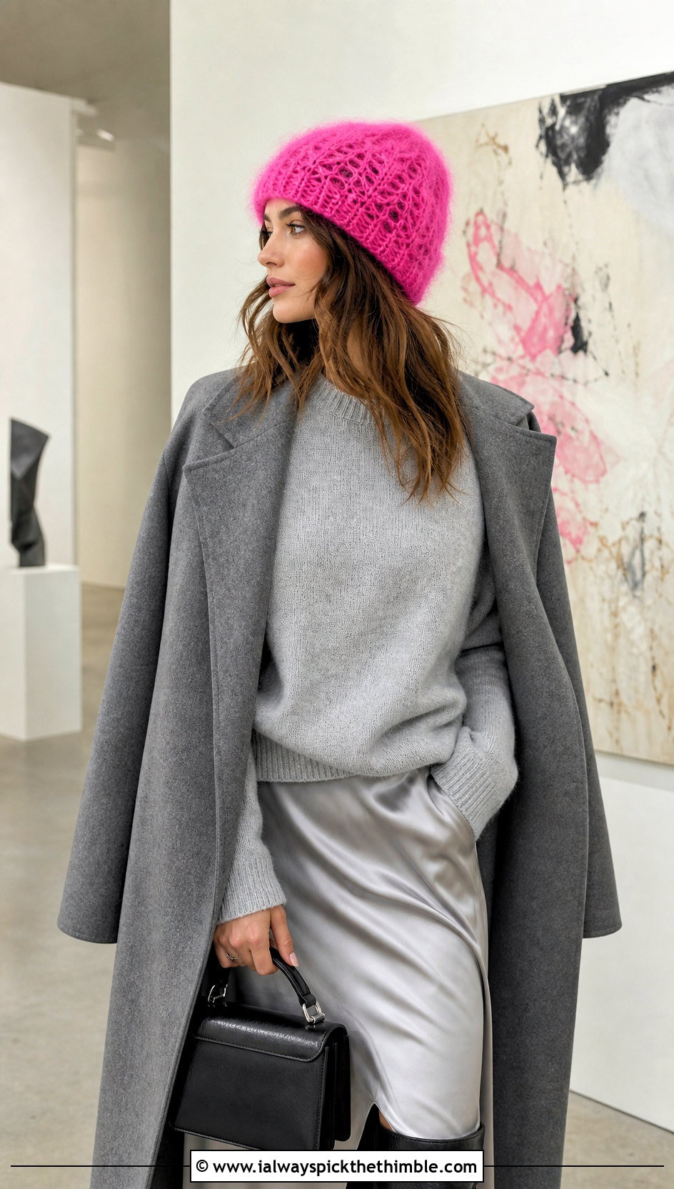 Lace Stitch Mohair Crochet Beanie With Cashmere Sweater And Slip Skirt - 25 mohair crochet beanie outfit ideas