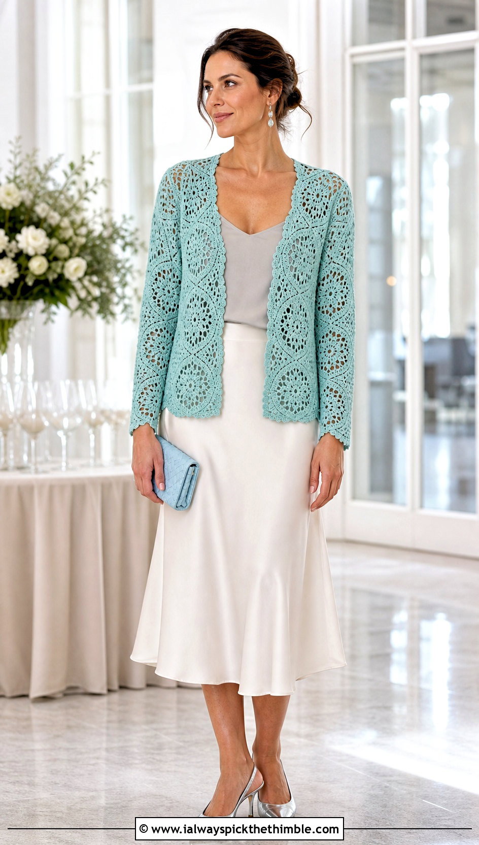 Lace Stitch Octagon Crochet Cardigan With Satin Slip Skirt - 20 Octagon Crochet Cardigan outfit ideas
