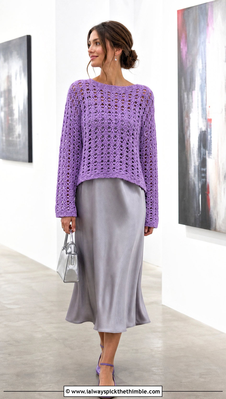 Lace Stitch Open Knit Crochet Sweater Over Slip Dress - 15 Open Knit Crochet Sweater outfit ideas