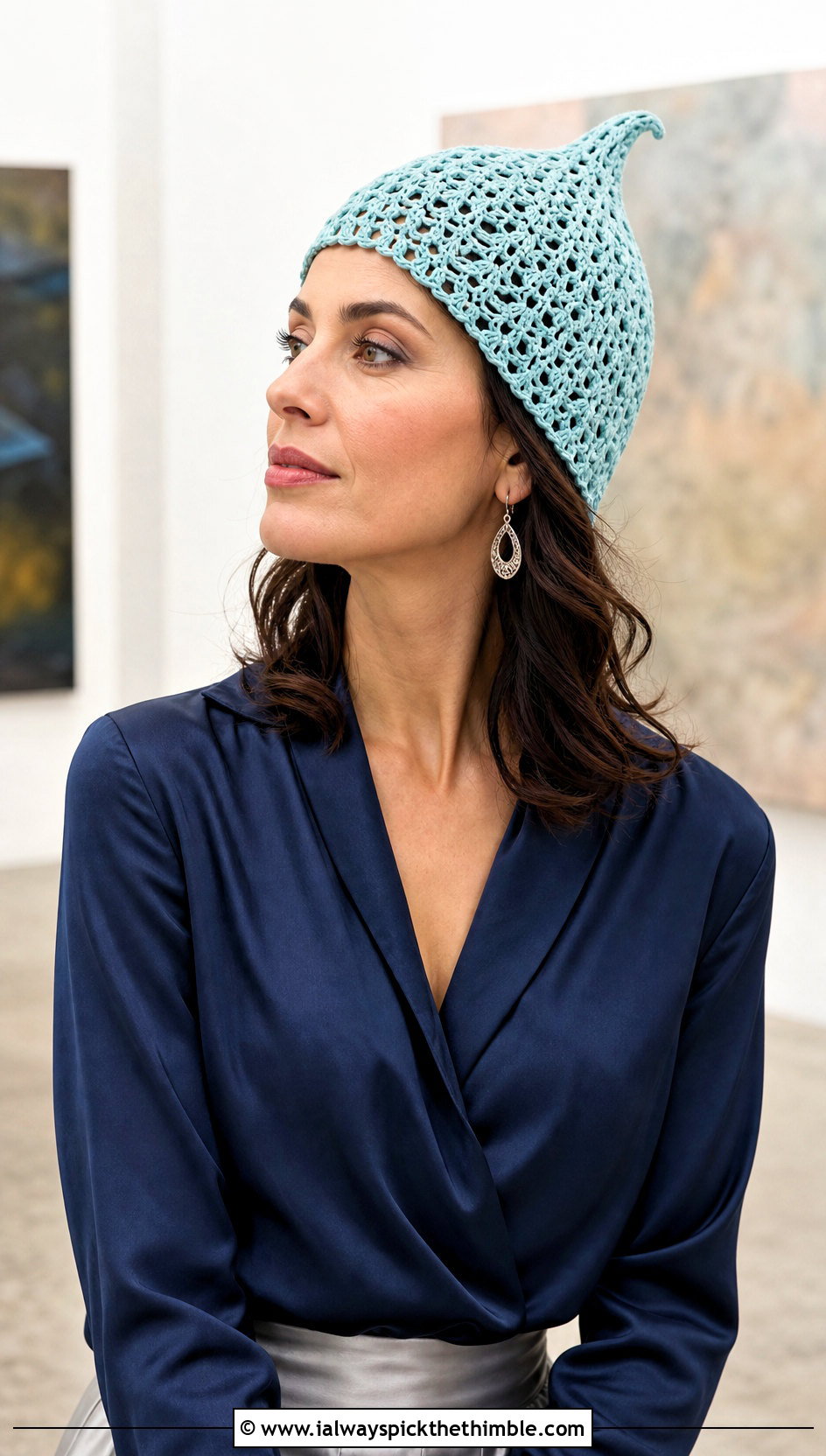 Lace Stitch Pointed Crochet Cap With Satin Skirt And Blouse - 20 Pointed Crochet Hat outfit ideas