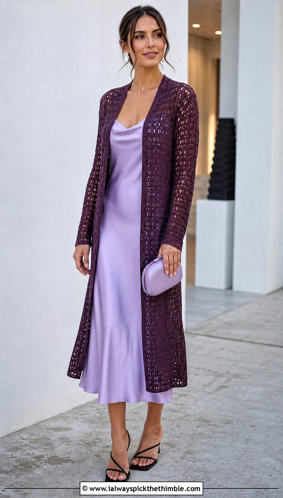 Lace Stitch Rectangle Cardigan With Slip Dress - 15 Crochet Rectangle Cardigan outfit ideas