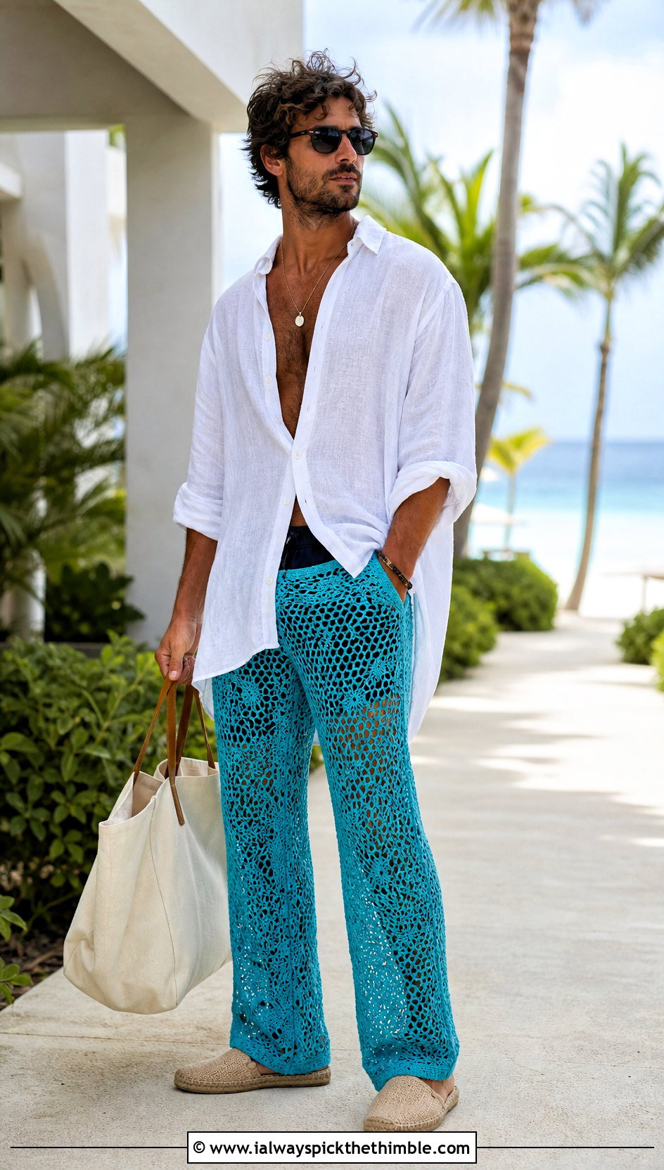 Lace Stitch Relaxed Crochet Pants With Linen Shirt - 20 mens crochet pants outfit ideas