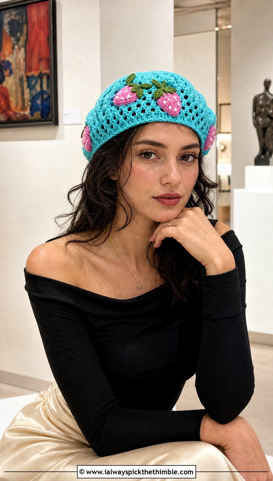 Lace Strawberry Crochet Beret With Satin Skirt - 20 strawberry crochet beret outfit ideas