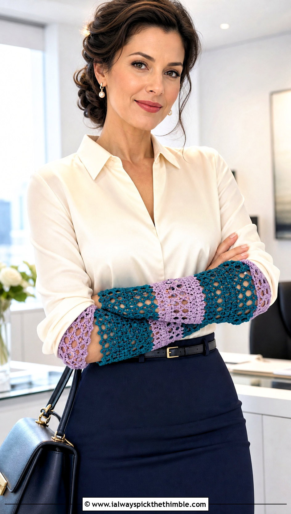 Lace Stripe Crochet Arm Warmers With Satin Blouse - 15 Striped Crochet Arm Warmers outfit ideas