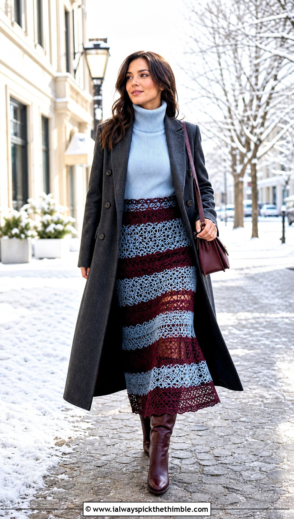 Lace Stripe Crochet Maxi Skirt With Turtleneck And Boots - 20 striped crochet skirt outfit ideas