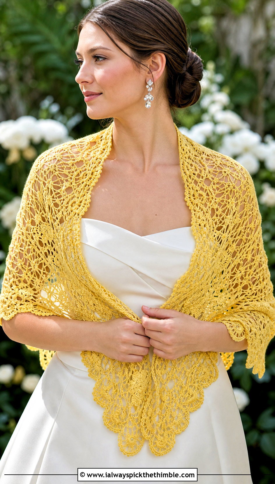 Lace Triangle Crochet Wedding Shawl With Satin Gown - 25 crochet wedding shawl outfit ideas