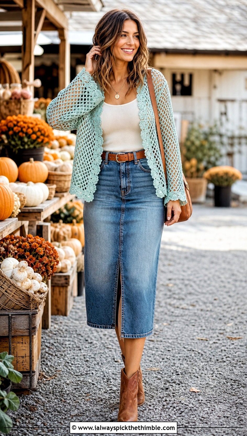 Lace Trim Fishnet Shrug With Denim Midi Skirt - 25 crochet fishnet shrug outfit ideas