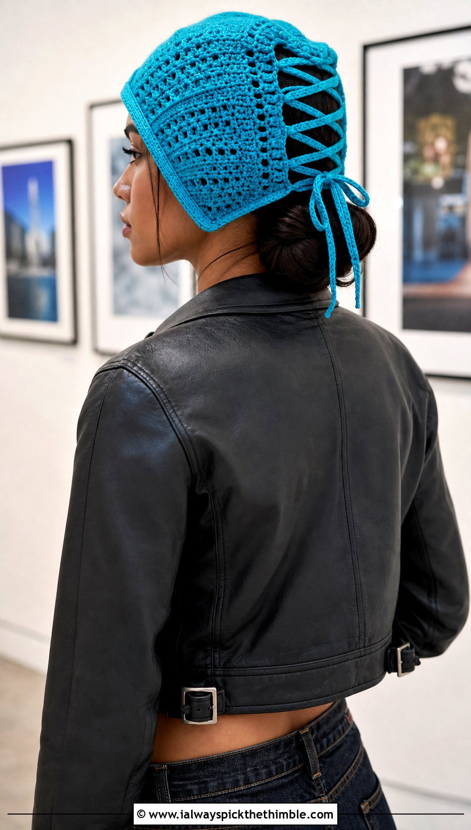 Lace Up Back Bonnet With Biker Jacket - 25 crochet bonnets outfit ideas