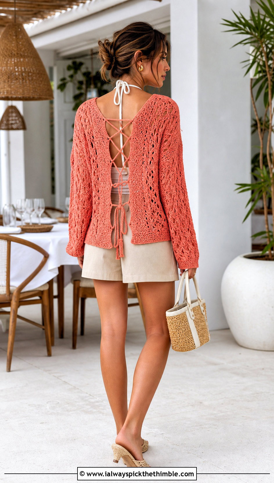 Lace Up Back Crochet Beach Sweater With Tailored Shorts - 20 Crochet Beach Sweater outfit ideas