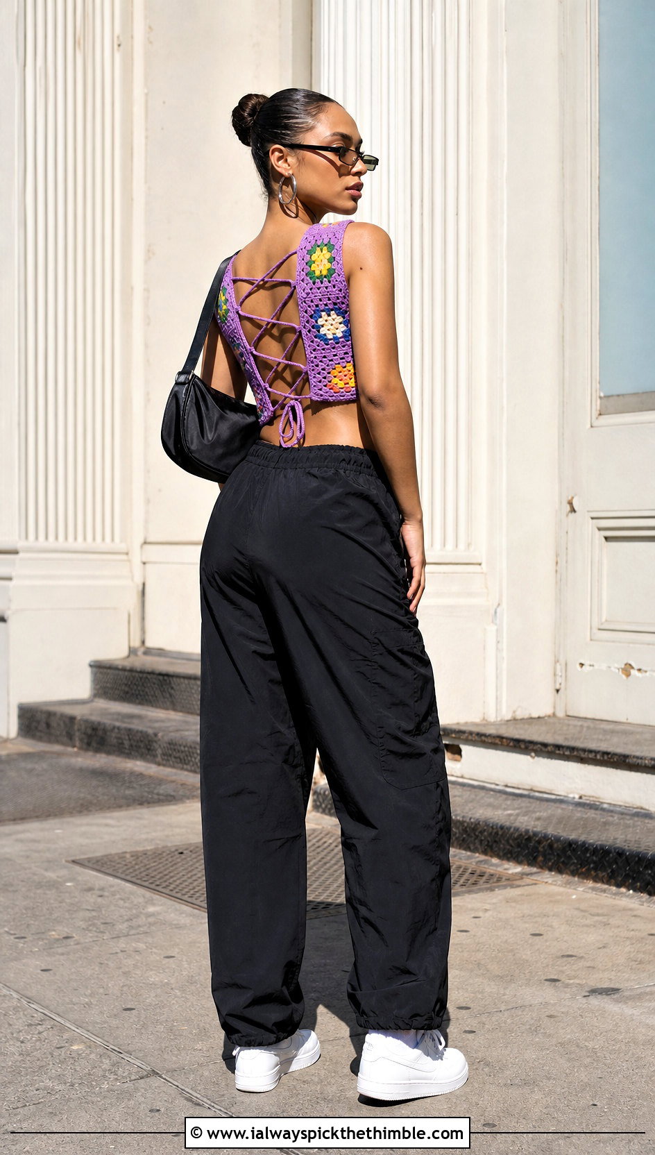 Lace Up Back Granny Square Crop Top With Parachute Pants - 20 granny square crop top outfit ideas