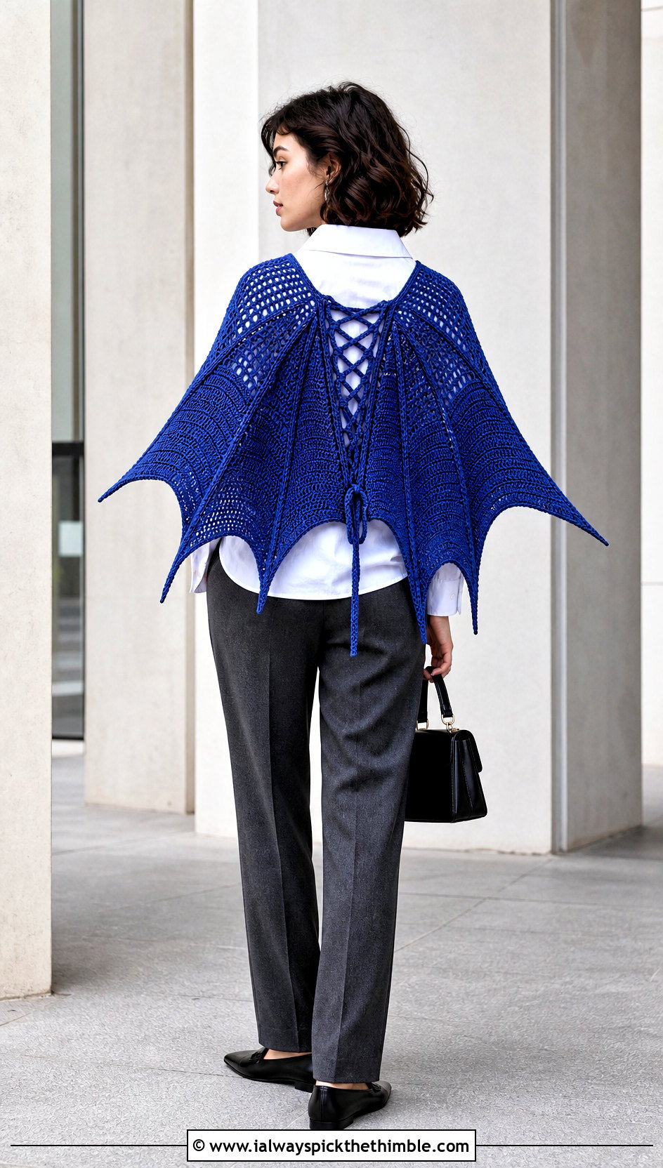 Lace Up Bat Wing Crochet Shawl With Tailored Trousers - 20 bat wing crochet shawl outfit ideas