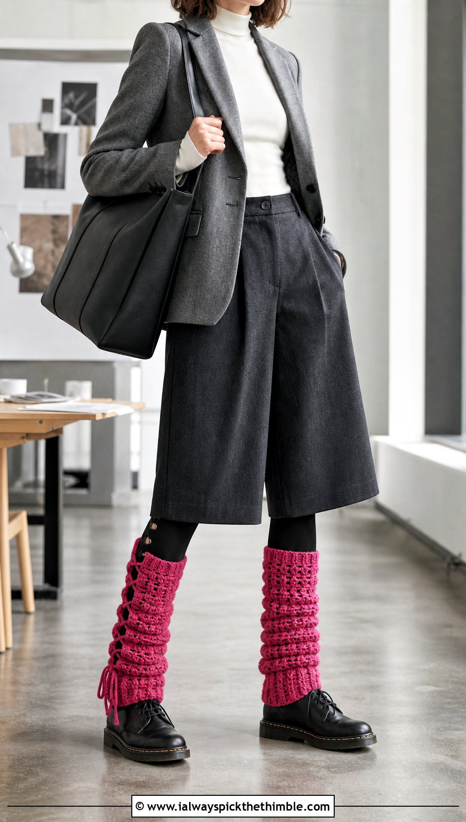 Lace Up Chunky Crochet Leg Warmers With Culottes And Oxford Shoes - 20 chunky crochet leg warmers outfit ideas