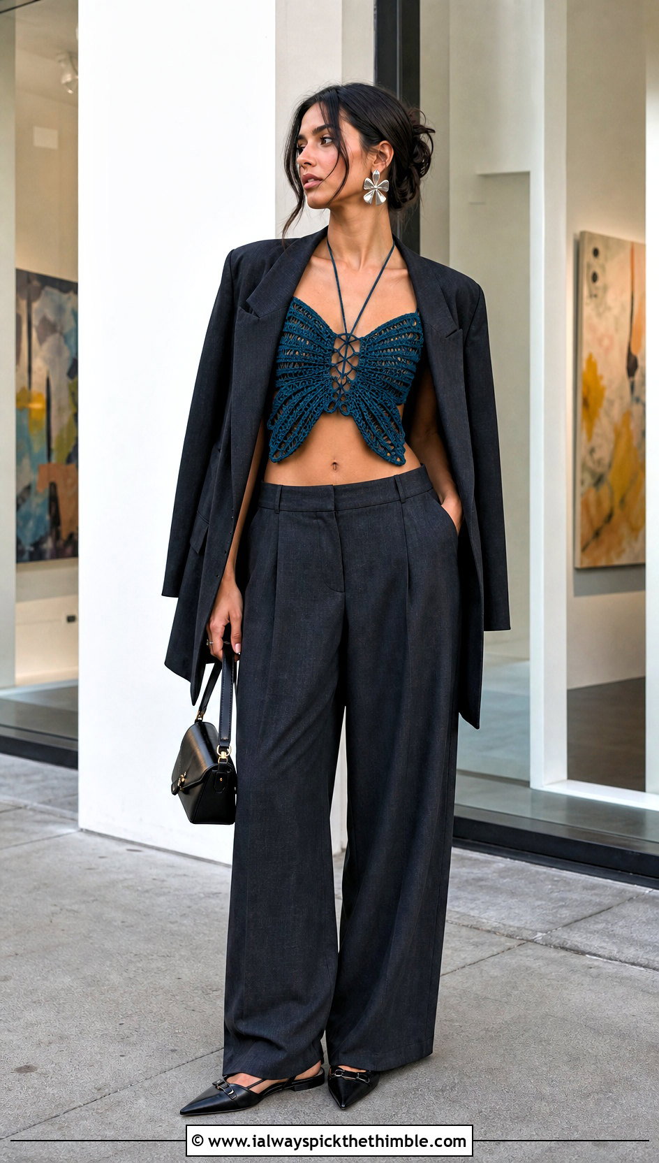 Lace Up Crochet Butterfly Crop Top With Tailored Trousers - 20 crochet butterfly crop top outfit ideas