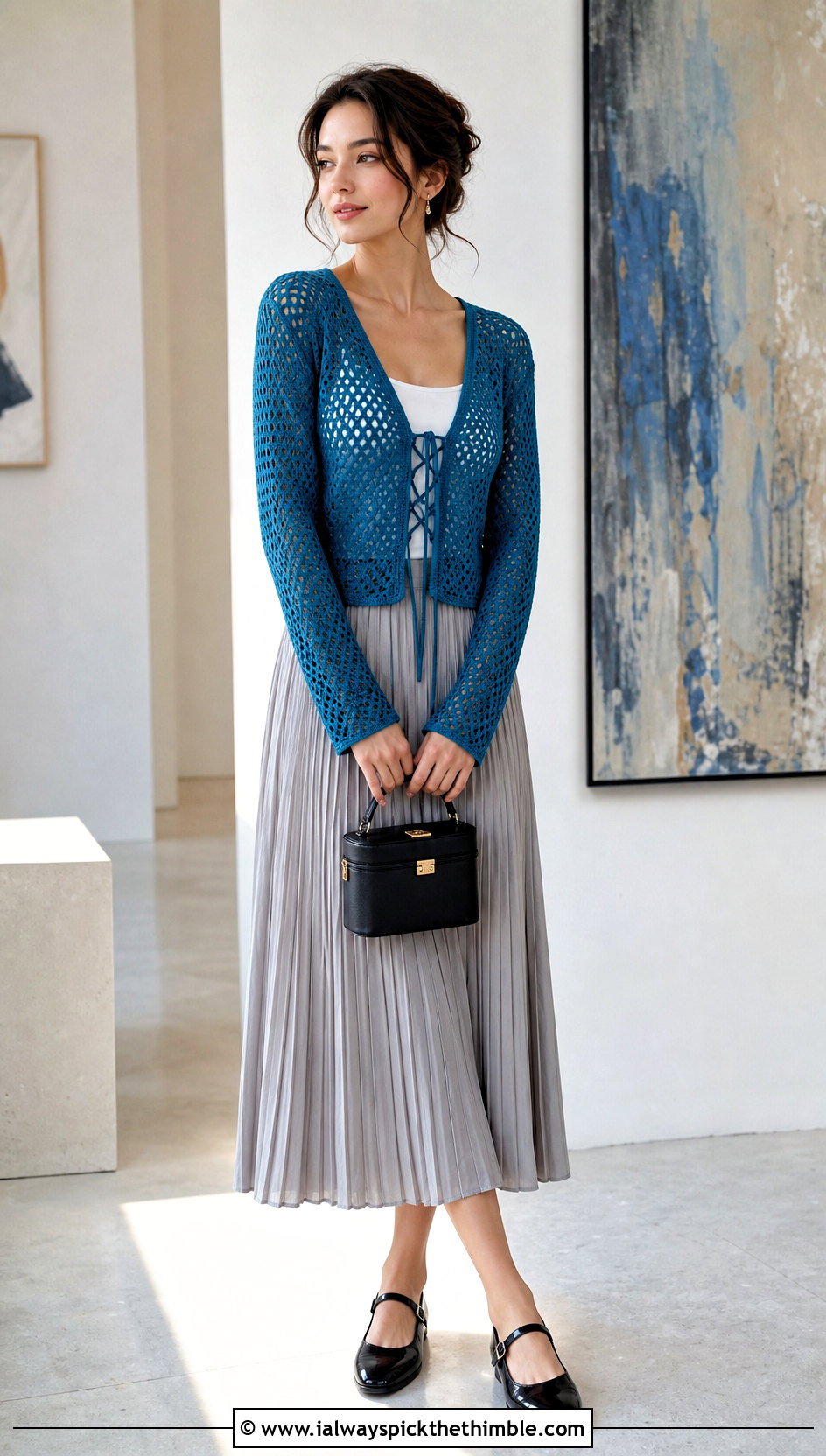 Lace Up Crochet Cardigan With Pleated Midi Skirt - 20 light crochet cardigan outfit ideas