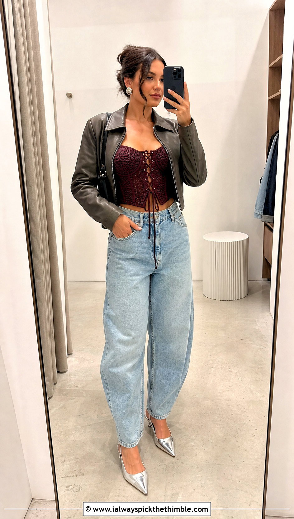 Lace Up Crochet Corset Top With Barrel Jeans - 20 vintage crochet tops outfit ideas
