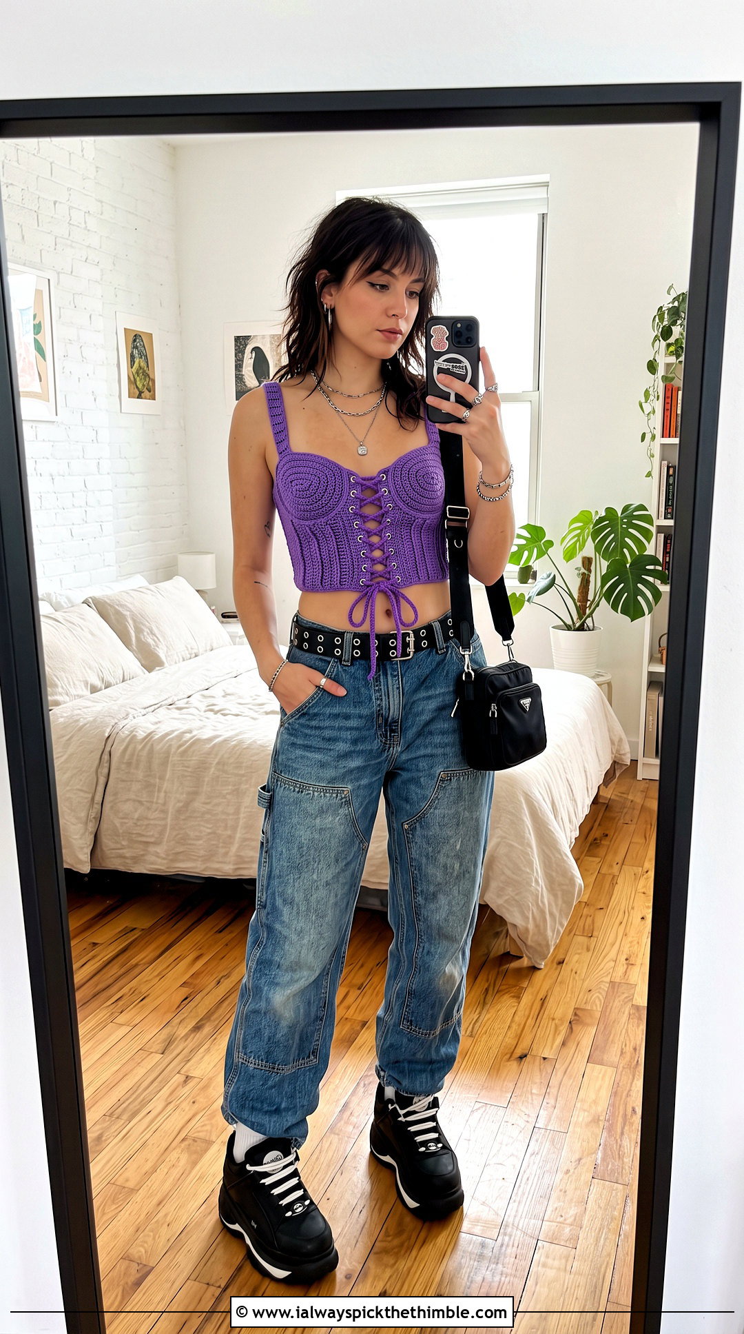 Lace Up Crochet Corset Top With Carpenter Jeans - 25 grunge crochet top outfit ideas