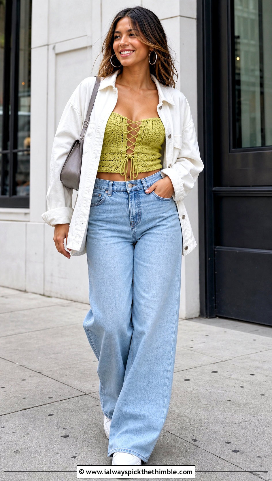 Lace Up Crochet Corset Top With Wide Leg Jeans - 15 Diy Crochet Corset Top outfit ideas