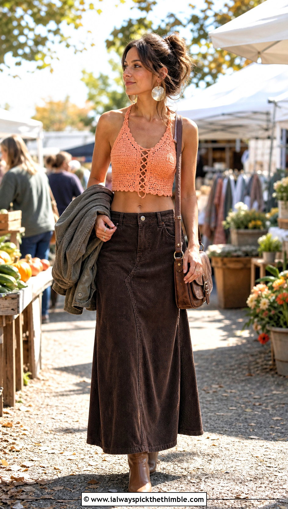 Lace Up Crochet Crop Top With Corduroy Maxi Skirt - 20 halloween crochet crop top outfit ideas