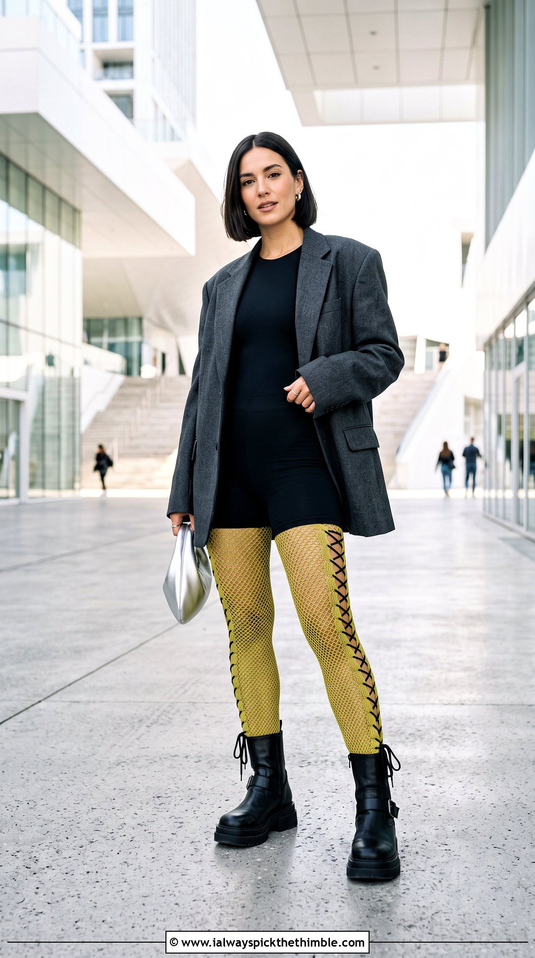 Lace Up Crochet Fishnet Stockings With Oversized Blazer - 25 crochet fishnet stockings outfit ideas