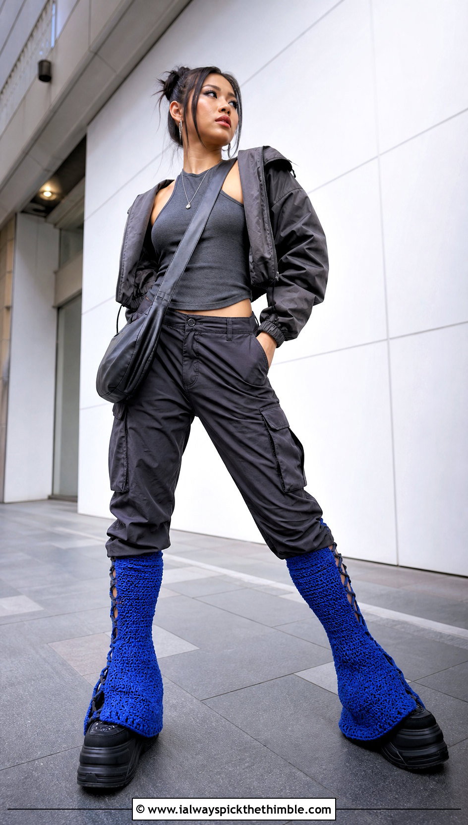 Lace Up Crochet Flared Leg Warmers With Cargo Pants - 20 Crochet Flared Leg Warmers outfit ideas