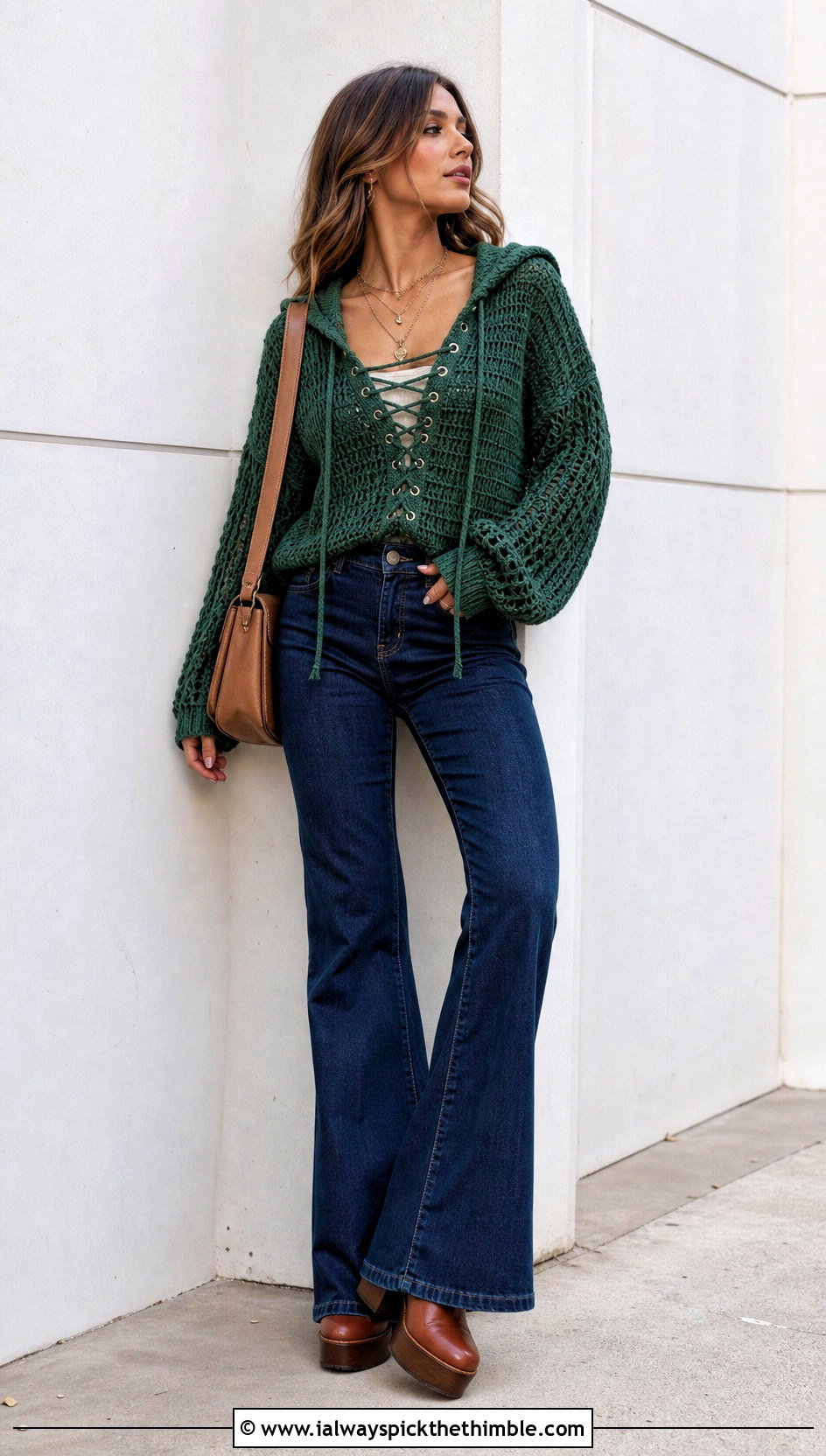 Lace Up Crochet Hooded Sweater With Flared Jeans - 20 crochet hooded sweater outfit ideas
