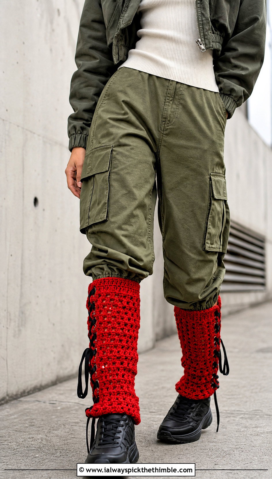 Lace Up Crochet Leg Warmers With Cargo Pants - 20 aesthetic crochet leg warmers outfit ideas