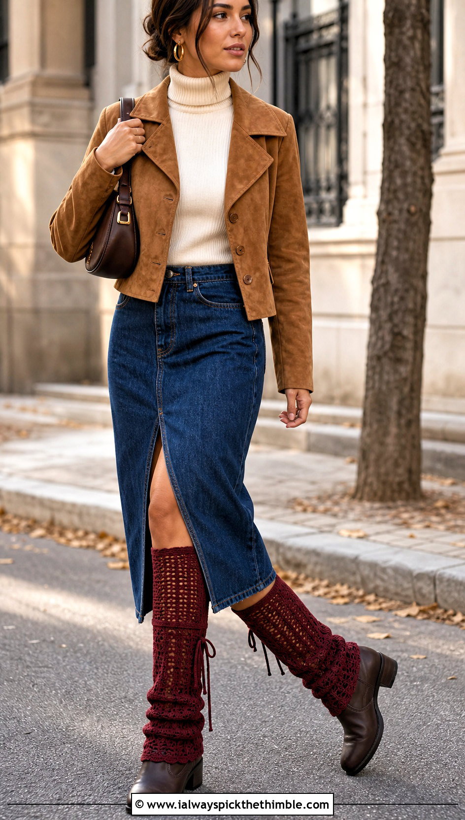 Lace Up Crochet Leg Warmers With Denim Midi Skirt And Boots - 25 crochet leg warmers outfit ideas