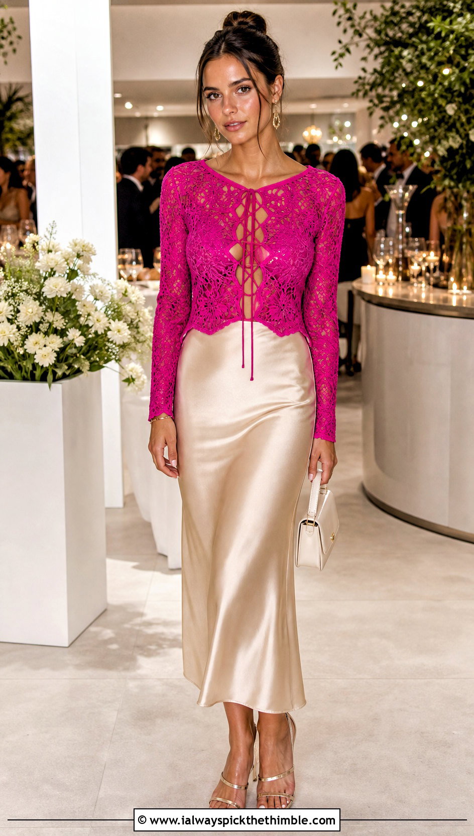 Lace Up Crochet Long Sleeved Top With Satin Midi Skirt - 20 Crochet Long Sleeved Top outfit ideas