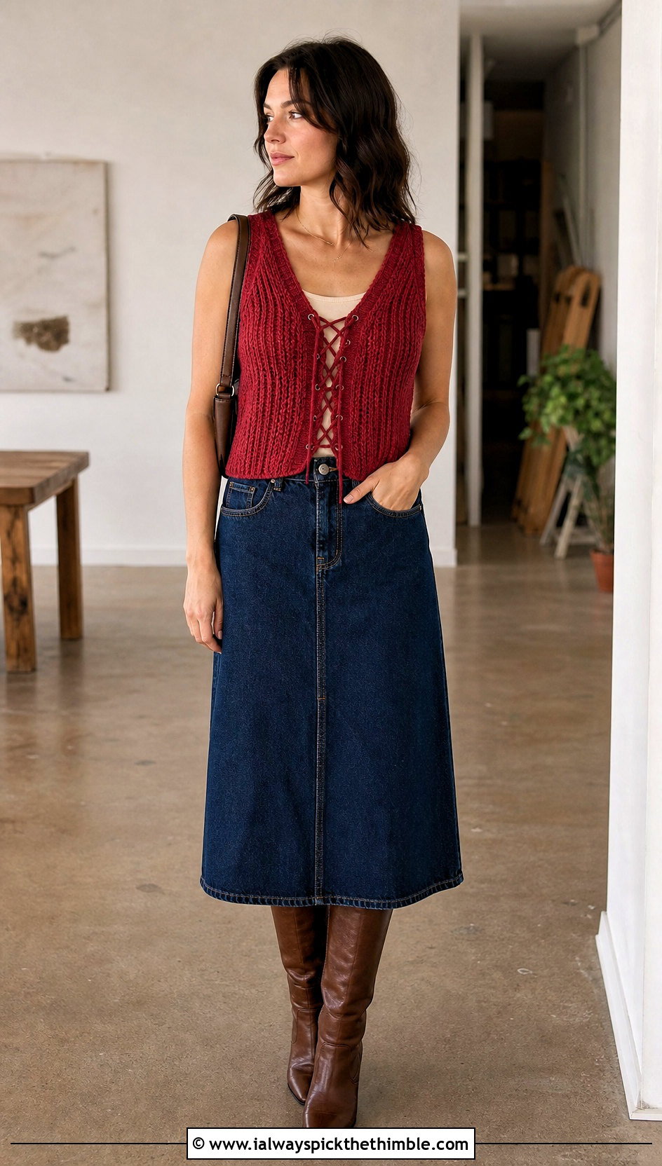 Lace Up Crochet Ribbed Vest With Denim Midi Skirt - 20 crochet ribbed vest outfit ideas